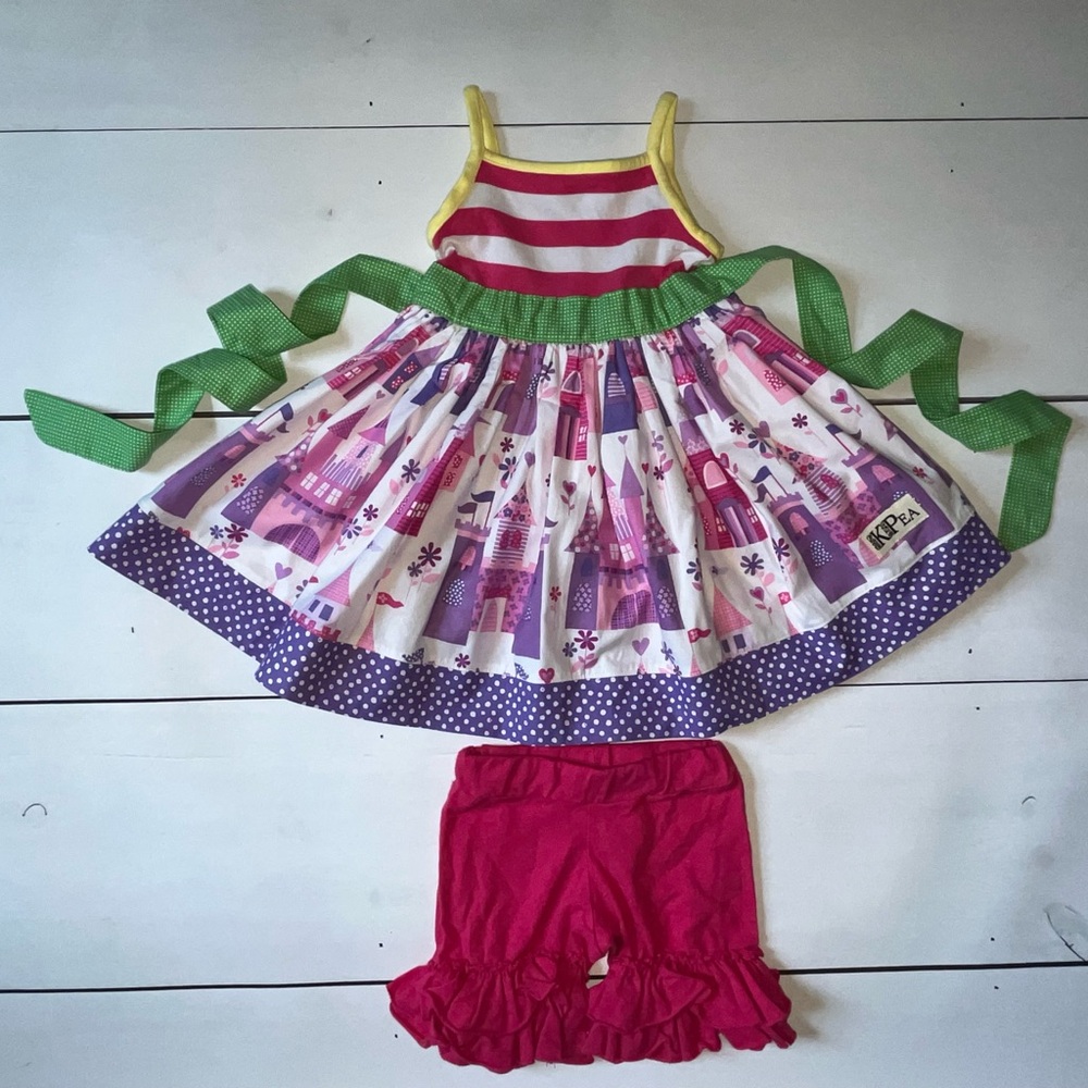 KPea Original “Castles” Tank Dress & Pink Ruffle Shorties Size 2T